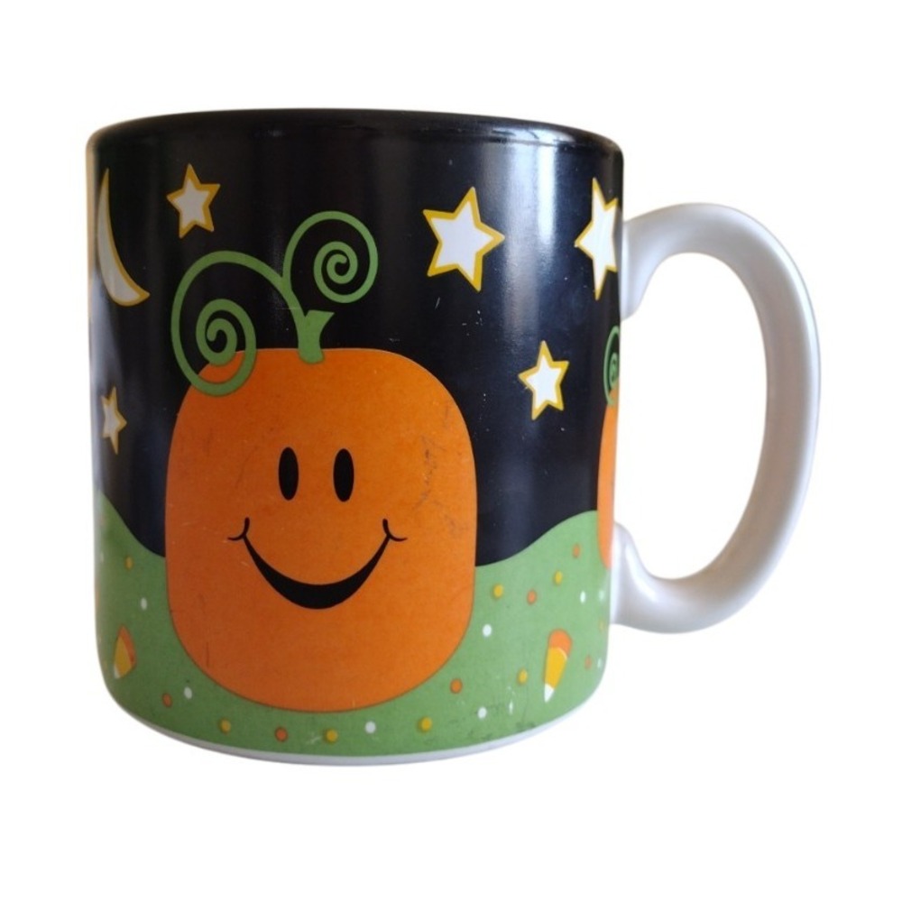 Vintage Flowers & Ballons Pumpkin Halloween Jack-O-Lantern Smiley‎ Face Cup Mug